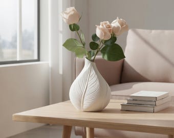 White Leaf Textured Indoor Planter, 3D Printed Botanical Minimalist Home Decor, Tabletop Flower Vase