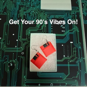 Floppy Disk Earrings, Retro 90s Tech Dangle Jewelry, Handmade, Gift for Computer Fans