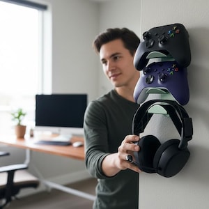 May include: A wall-mounted gaming accessory organizer. It holds a black controller, a purple controller, and a pair of black headphones. The organizer is mounted on a light gray wall, with a person in the background.