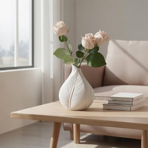 White Leaf Textured Indoor Planter, 3D Printed Botanical Minimalist Home Decor, Tabletop Flower Vase