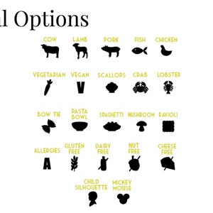 May include: Black and white icons representing different meal options, including meat, seafood, vegetarian, pasta, and allergy information. The text "Meal Options" is at the top of the image.