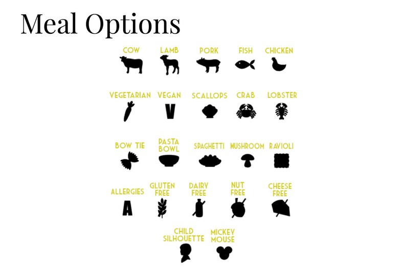 May include: Black and white icons representing different meal options, including meat, seafood, vegetarian, pasta, and allergy information. The text "Meal Options" is at the top of the image.