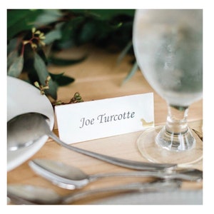 May include: A white place card with the name "Joe Turcotte" written in black ink. A small gold figurine is attached to the right side of the card.
