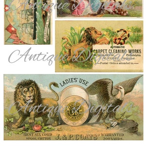 JPG Viktorianische Werbekarten 4er Set - Sofortiger Download, Vintage Wanamaker Lions & JP Coats Art