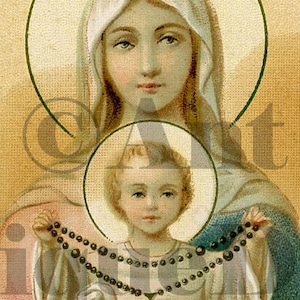 Carte de prière funéraire antique des années 1910 Vierge Marie avec l'enfant Jésus tenant le chapelet en téléchargement numérique souvenir catholique vintage