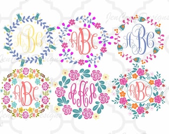 Floral Flower Wreaths Monogram Frames Cuttable SVG, DXF, EPS, Png Silhouette Studio & Cricut Vector Art Vinyl Digital Cutting Cut Files