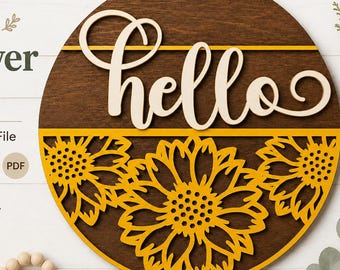 Sunflower Hello Sign SVG, Summer Door Hanger Laser Cut File, Round Farmhouse Sign for Glowforge Cricut