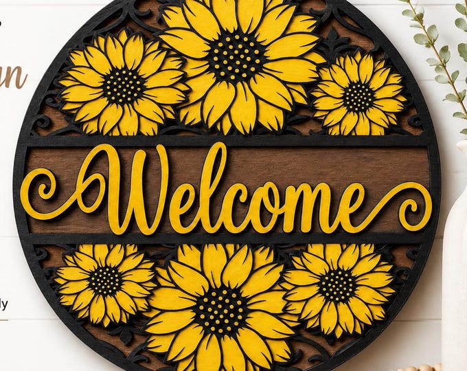 Sunflower Summer Door Hanger Laser Cut File, Welcome Sign SVG,  Round Farmhouse Sign for Glowforge Cricut
