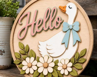 Türhänger mit Gänsemotiv (SVG), Blumen-Laserschnittdatei „Hallo Gans“