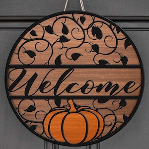 Décoration de citrouille de citrouille de bienvenue d'automne, accroche-porte rond en bois pour porte suspendue, Glowforge Cricut Silhouette coupe fichier Svg Eps, Dxf Png