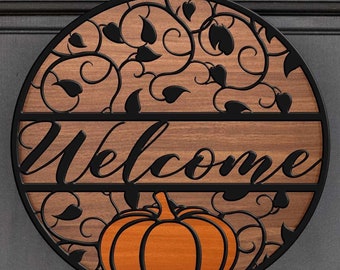Fall Welcome Porch Sign svg Pumpkin decor, door hanger round wood door hanging sign, Glowforge Cricut Silhouette cut file Svg Eps, Dxf Png