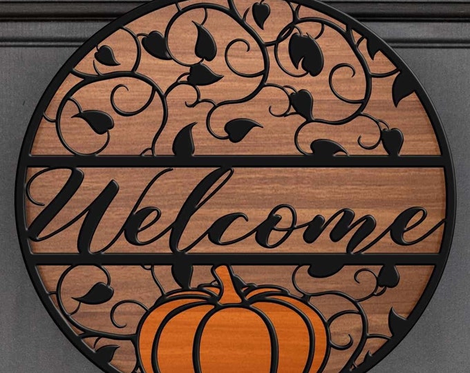 Fall Welcome Porch Sign svg Pumpkin decor, door hanger round wood door hanging sign, Glowforge Cricut Silhouette cut file Svg Eps, Dxf Png
