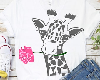 Giraffe Face with Rose SVG: Safari Kids Shirt Design (Digital)