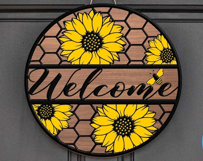 Sunflower Welcome Sign, Summer decor, round  door hangern wood sign Honeycomb, Glowforge Cricut Silhouette laser cut file Svg Eps, Dxf Png