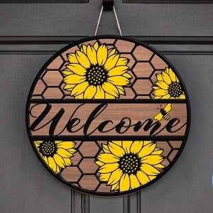 Letrero de bienvenida de girasol, decoración de verano, letrero de madera para colgar en la puerta redondo con forma de panal, archivo de corte láser Glowforge Cricut Silhouette Svg Eps, Dxf Png