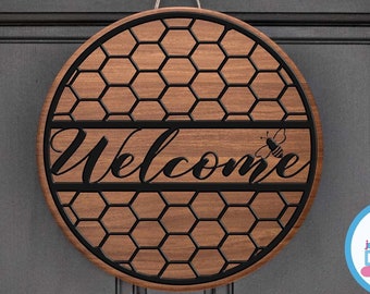 Honeycomb Welcome Sign, Summer decor, round door hanger wood sign bee, Glowforge Cricut Silhouette laser cut file Svg Eps, Dxf Png