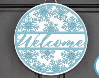 Winter Welcome Sign, Christmas Snowflakes decor round wood door hanging hanger Glowforge Cricut Silhouette laser cut file svg, eps, dxf, png