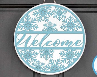 Winter Welcome Sign, Christmas Snowflakes decor round wood door hanging hanger Glowforge Cricut Silhouette laser cut file svg, eps, dxf, png