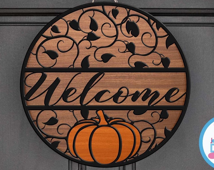 Fall Welcome Porch Sign svg Pumpkin decor, door hanger round wood door hanging sign, Glowforge Cricut Silhouette cut file Svg Eps, Dxf Png