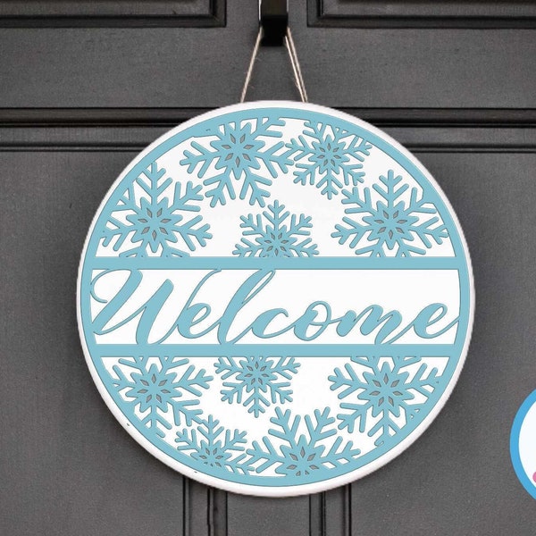 Winter Welcome Sign, Christmas Snowflakes decor round wood door hanging hanger Glowforge Cricut Silhouette laser cut file svg, eps, dxf, png