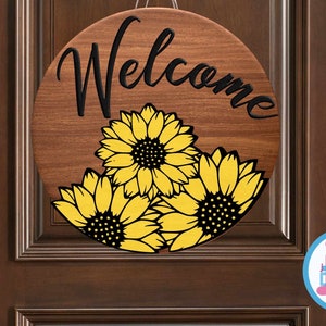 Panneau de bienvenue tournesol, décoration d'été, accroche-porte rond en bois Glowforge Cricut Silhouette découpé au laser fichier Svg Eps, Dxf Png