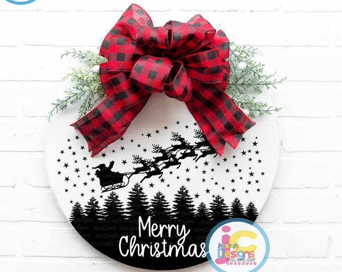 Merry Christmas Porch SIgn Svg, Santa Sleigh Reindeer Door hanger Round Sign Design svg, eps, dxf png Cut files Cricut Silhouette Glowforge