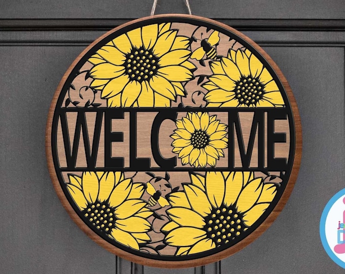 Welcome Sunflower Svg Sign, Summer decor, round  door hanger wood sign Honeybee, Glowforge Cricut Silhouette laser cut file Svg Eps, Dxf Png