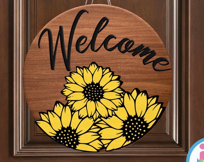 Sunflower Svg Sign Welcome Sign, Summer decor, round  door hanger wood Glowforge Cricut Silhouette laser cut file Svg Eps, Dxf Png