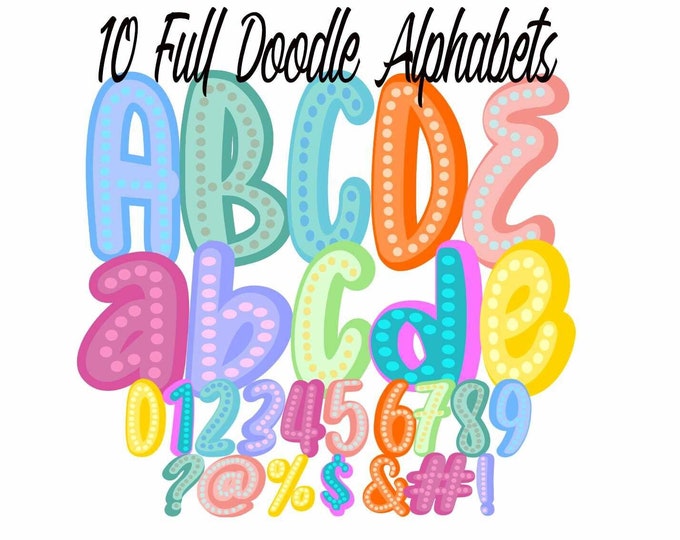 Pastle Color Doodle Alphabet PNG Bundle, Colorful Gelato pastels Neon letters and Numbers alphapack Sublimation printing digital download