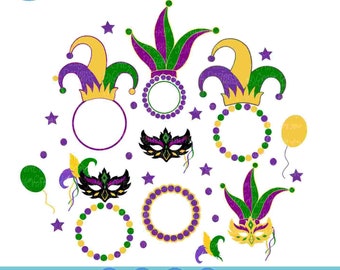 Mardi Gras SVG Bundle, Masquerade Mask Monogram Frame Set, Fat Tuesday New Orleans Jester Crown New Orleans Svg, EPS Png DXF