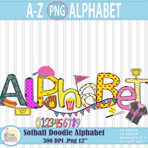 Softball Doodle png Meninas Softball png Alfabeto Letras Pacote, Mão Desenhada alfa pacote Conjunto Clip art Acessórios, Números Sublimação impressão