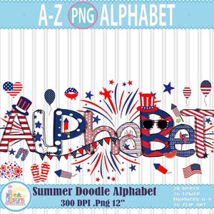 Patriotic Doodle Alphabet Letters png, 4th of July Letters, Clipart, Numbers, Red White Blue Sublimation, Flag Alphabet, Commercial Use Set