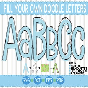 Doodle Alphabet Svg Bundle, remplissez vos propres lettres Doodle, lettres majuscules, lettres de l'alphabet Doodle vierge, SVG, fichier de coupe Eps Dxf Png sublimation