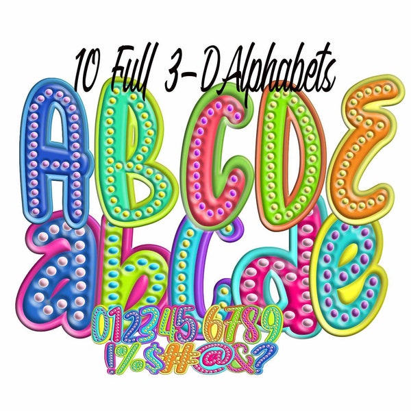 3d Neon Marquee Alphabet PNG Bundle, Colorful Bright doodle letters and Numbers alphapack for Sublimation printing digital download
