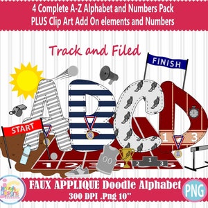 Letras de Doodle de Atletismo Applique Falso Alfabeto Track Mom Bundle PNG Desenhado à Mão Alpha Pack Download Digital Design de Sublimação PNG