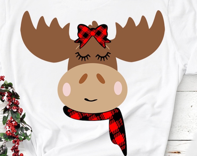 Girl Moose face svg, Moose svg, Plaid Bow Outdoor SVG, EPS Png DXF digital download Silhouette Cricut Clip Art graphics Vinyl Cutting