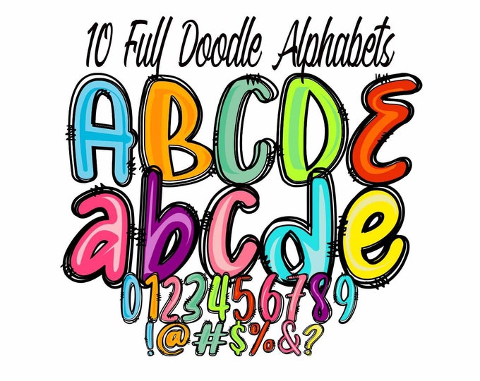 Bright Color Doodle Alphabet PNG Bundle, Colorful Neon letters and Numbers alphapack for Sublimation printing digital download design