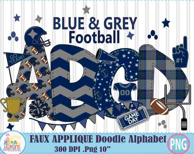 Football Blue Grey faux applique Doodle Letters Alphabet Bundle PNG Hand Drawn Alpha Pack Digital Download Sublimation Digital Design PNG