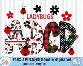 Ladybug Alphabet bundle Doodle Letters png sublimation, cute lady bug alpha pack, digital bug clip art, scrapbook design ladybug clipart png