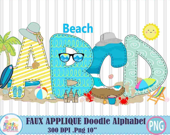 Beach Faux Applique Doodle Letters png Summer Hand Drawn alpha pack Alphabet A - Z  Numet Set Sublimate Design Printable Sublimation Print