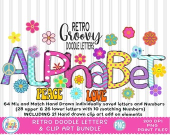 Retro Groovy Doodle Letters alphabet png Sublimation Hand Drawn alpha pack Numbers A - Z Set Flowers Sublimate Design Printable png Font