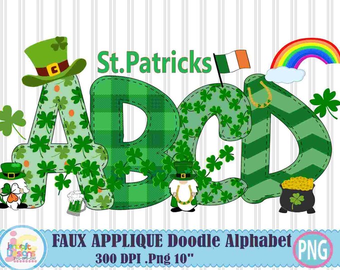 St. Patrick's Doodle Letters Stitched Alphabet PNG, Saint Patrick's Day Upper Case Letters PNG Sublimation Design with Clipart