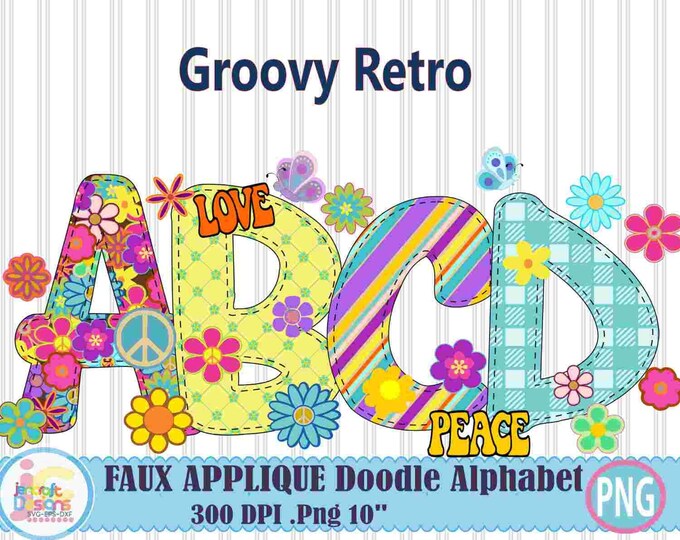 Retro Groovy Faux Stitched Doodle Letters png Hand Drawn alpha pack Alphabet A-Z Set Sublimate Design Printable png Sublimation Print file