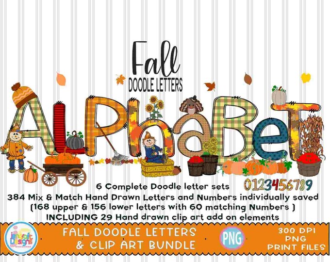 Autumn Letters Alphabet Bundle, Fall Doodle letters png with clipart add-on Elements Kids letters clipart png hand drawn sublimation design