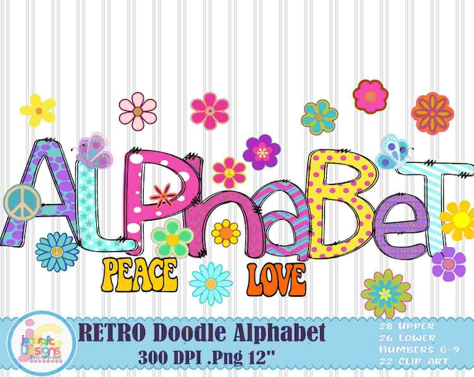 Retro Spring Doodle Letters png Sublimation Hand Drawn alpha pack Numbers Alphabet A - Z Set Groovy  Sublimate Design Printable png Font