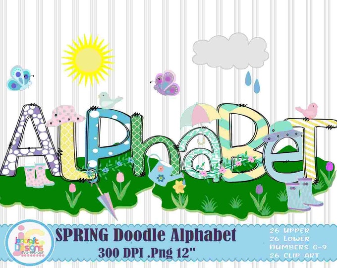 Spring Sublimation Doodle Letters png Hand Drawn alpha pack Numbers Alphabet A - Z Set Easter Summer Sublimate Design Printable png Font