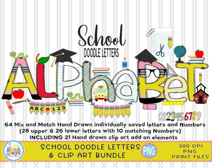 Back to School Doodle letters Teacher Pencil Alphabet, add-on Elements Kids letters for Class png hand drawn sublimation digital design