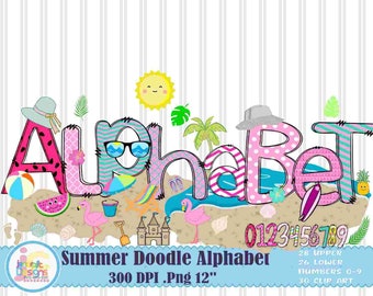 Doodle Letters png Beach Summer png Sublimation Ocean Hand Drawn alpha pack Numbers Alphabet A - Z Set Sublimate Design Printable png