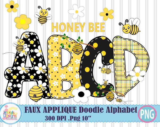 Honey Bee Faux Applique Doodle Letters png Summer Hand Drawn alpha pack Alphabet A - Z  Set Sublimate Design Printable Sublimation