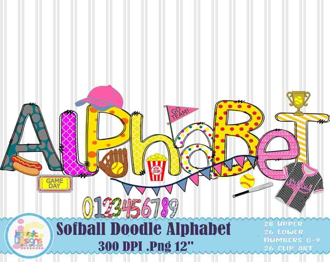 Softball Doodle png Girls Softball png Alphabet Letters Bundle, Hand Drawn alpha pack Set Clip art Accessories, Numbers Sublimation print
